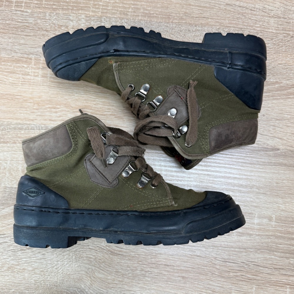 Vintage Merrell Olive Green Canvas and Brown Suede Rugged Lace-Up Hiking Boots